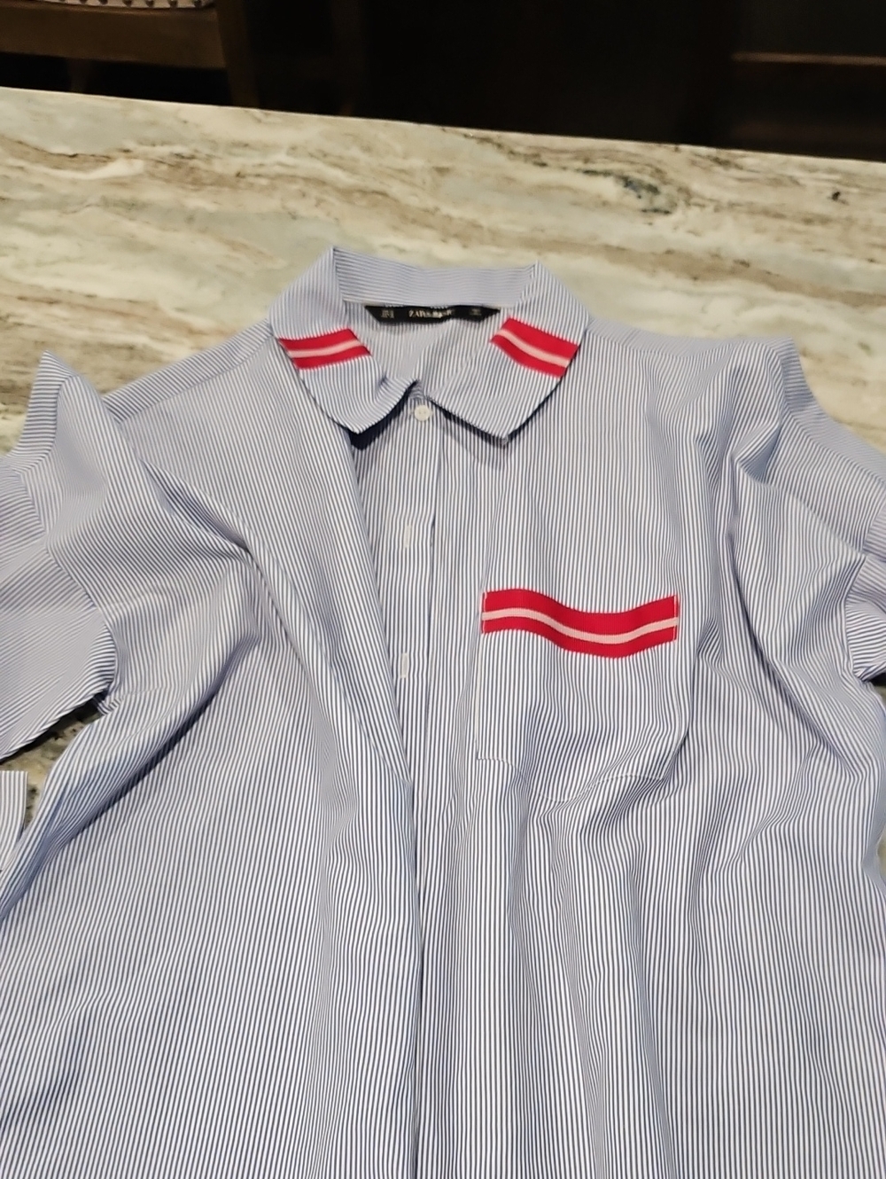 Zara Blue and Red-Trim Short Sleeve Button-Down Shirt